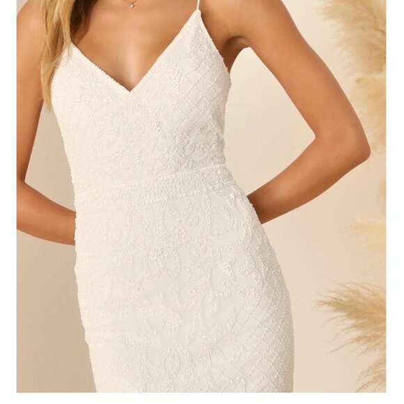 Cherished Vow White Beaded Backless Mermaid Maxi Dress Lulus Size Large - Picture 2 of 13